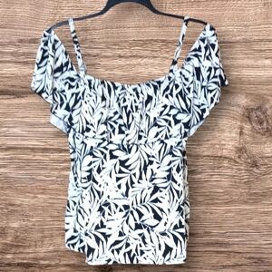 A Shore Fit Women's Swimwear Top Self Bra Cold Shoulder Black & White Print 20W